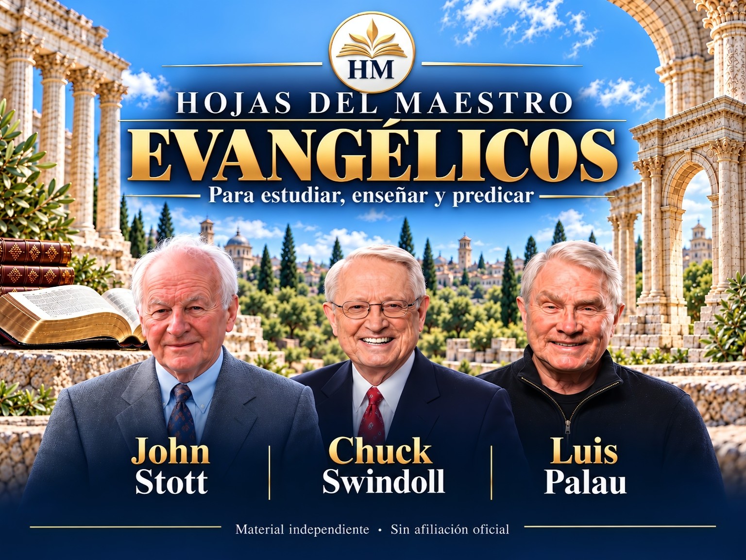 Evangélicos: John Stott, Chuck Swindoll y Luis Palau.